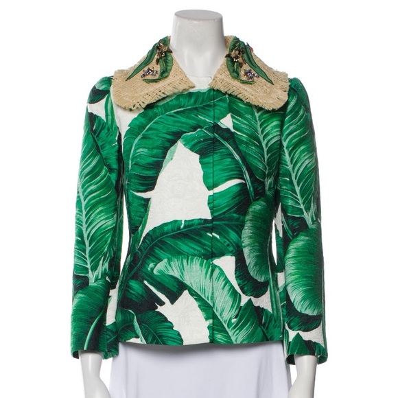 DOLCE AND GABBANA Green White Banana Leaf Tropical Print Straw Collar Jacket - Picture 2 of 15